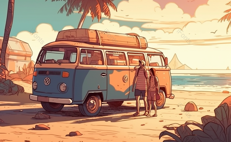 暖色系自驾情侣夏日旅行背景图,插画/手绘图,插画/手绘图库,插画/手绘图下载,插画/手绘